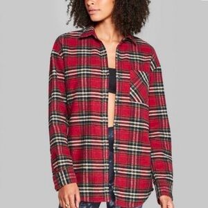 Wild Fable Red Plaid Flannel Button Down Shirt Women Medium 100% Cotton Outdoor